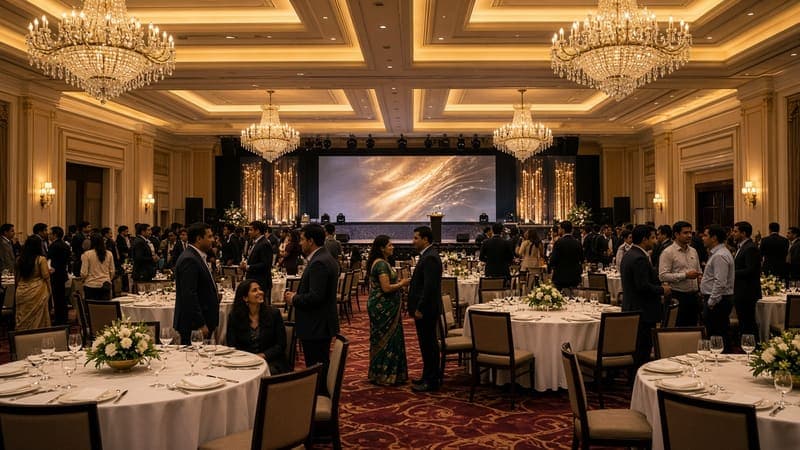 Ballroom with chandeliers, round tables and a stage screen
