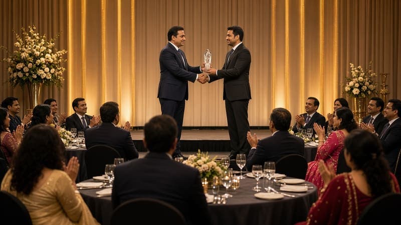 Two people shaking hands on stage at an award ceremony