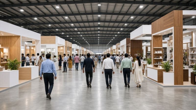 Visitors walking between stalls in a large exhibition hall