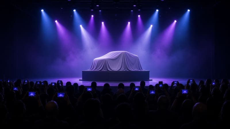 Covered product on a stage lit with purple spotlights before an audience