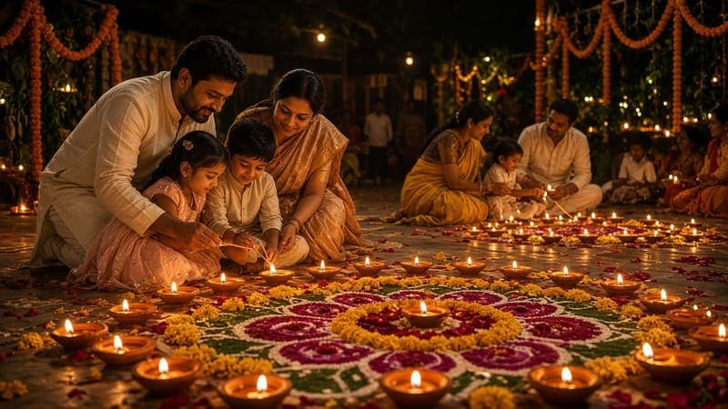 Family lighting diyas around a floral rangoli