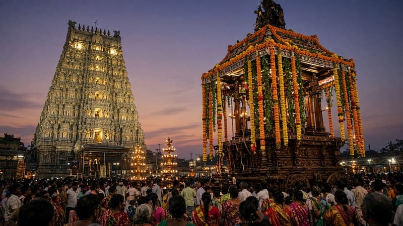 Lit temple tower and decorated chariot with devotees at dusk