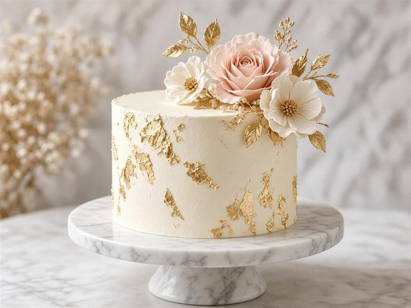 White single-tier cake topped with pink flowers